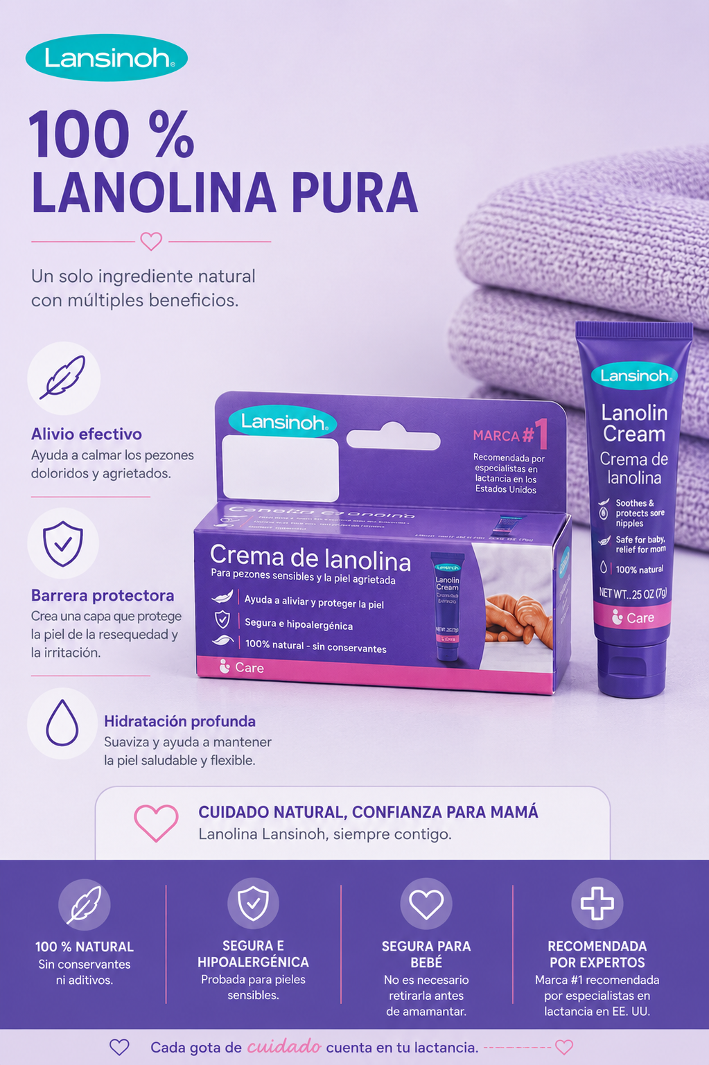 Compra Lansinoh® Crema de Lanolina 100 % pura para aliviar y proteger los pezones durante la lactancia. Segura para mamá y bebé, sin necesidad de retirarla antes de amamantar. Disponible en Margi Moda.